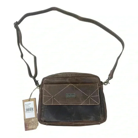 Sixtease Brown Leather Canvas Small Crossbody Shoulder Bag Purse Upcycled - Picture 1 of 16